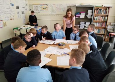 Students sitting around a desk with a teacher helping them